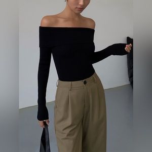 Commense Off Shoulder Overfold Long Sleeve Knit Top